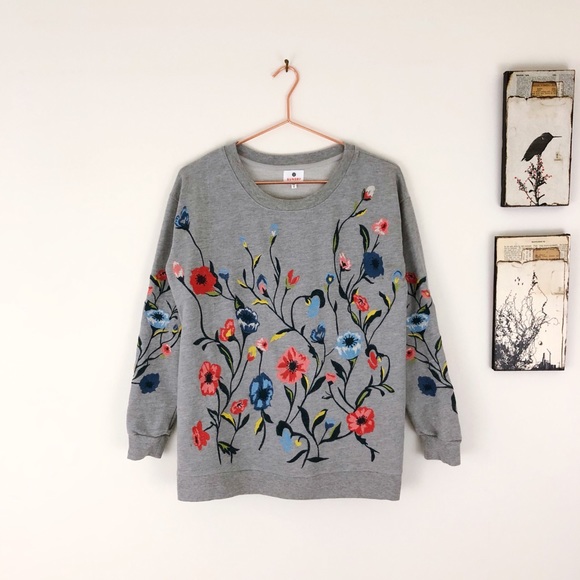ANTHROPOLOGIE SUNDRY Embroidered Sweatshirt Gray M - Picture 2 of 8